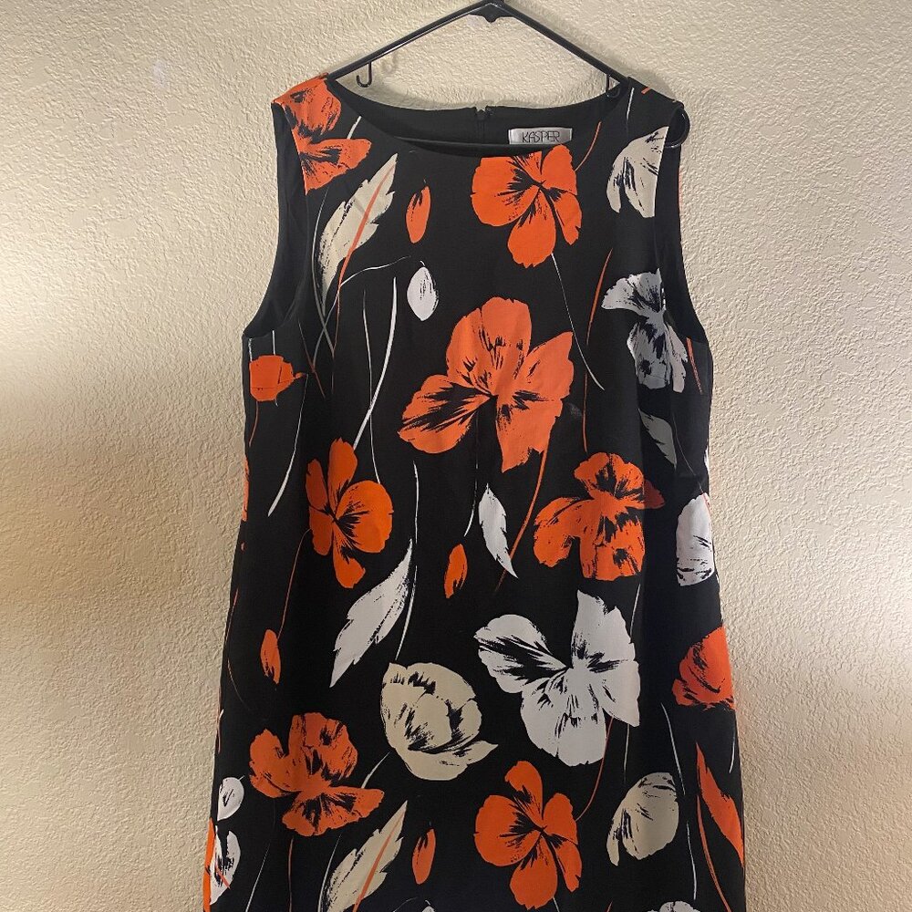 Kasper black w/ orange/white floral sleeveless shift dress size 18.